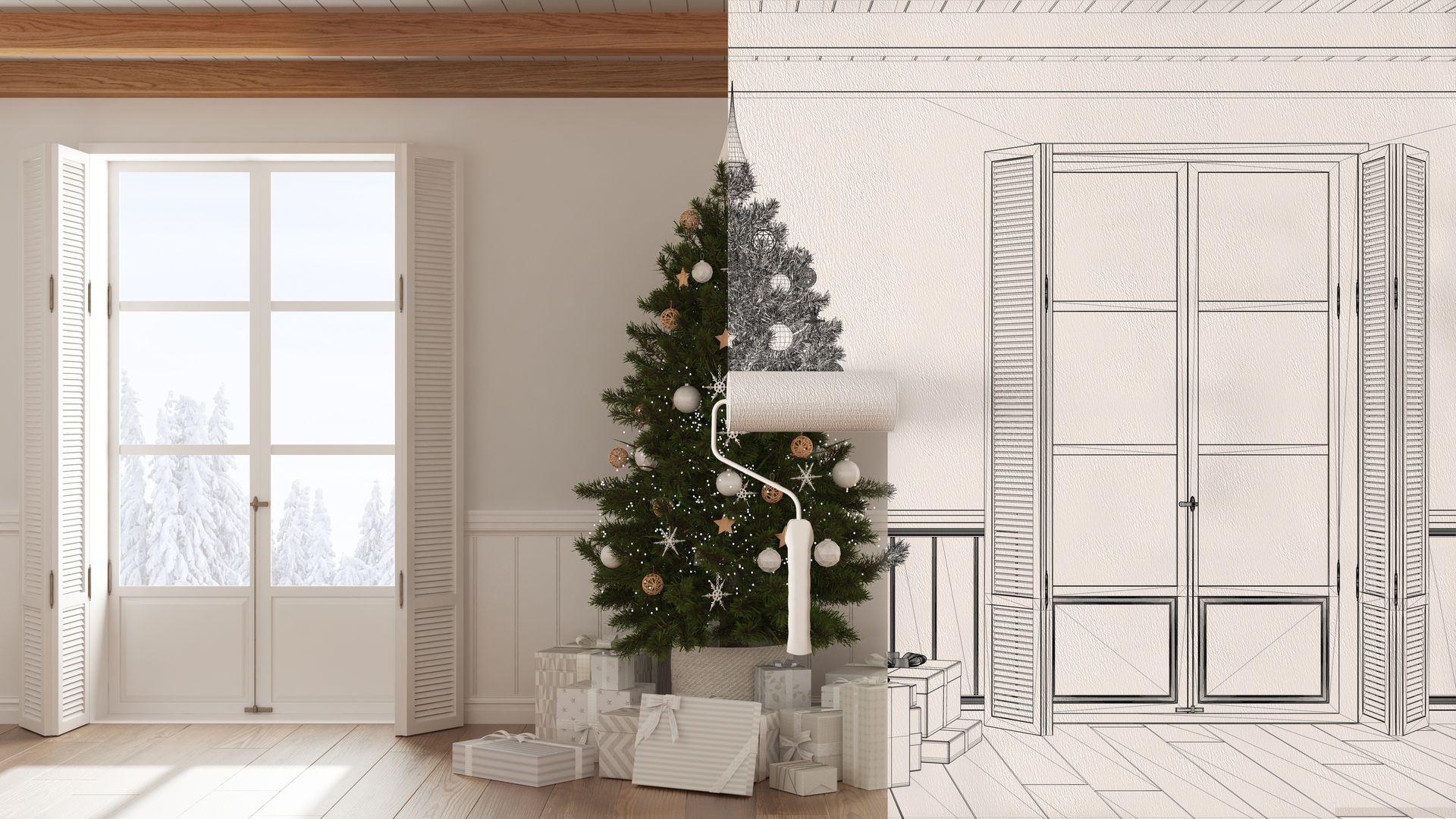 A half living room with christmas tree and half schematic for winter remodeling in Los Angeles.
