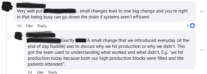 Practice owners discussing daily production review habits