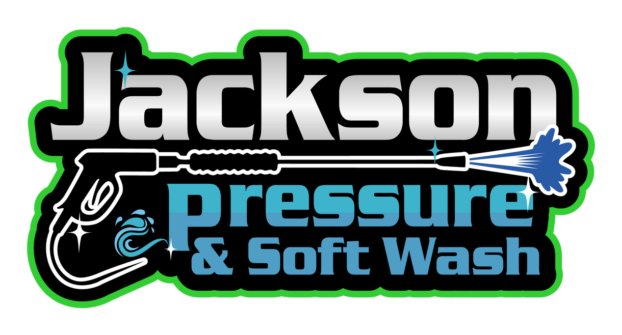 Jackson Pressure & Soft Wash logo with black, blue, white and green lettering and a hose graphic