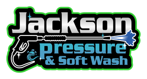 Jackson Pressure & Soft Wash logo with black, blue, white and green lettering and a hose graphic