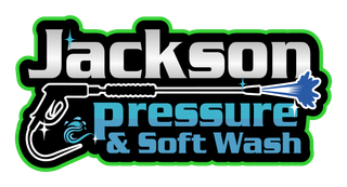 Jackson Pressure & Soft Wash logo with black, blue, white and green lettering and a hose graphic