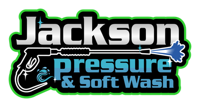 Jackson Pressure & Soft Wash logo with black, blue, white and green lettering and a hose graphic