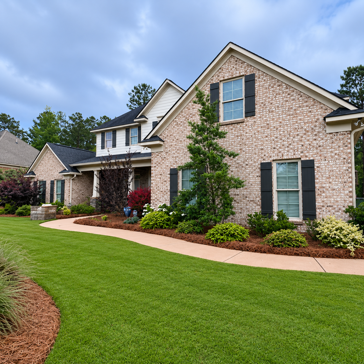 Large beige house with a stone driveway, green lawn, and trees under a blue sky.