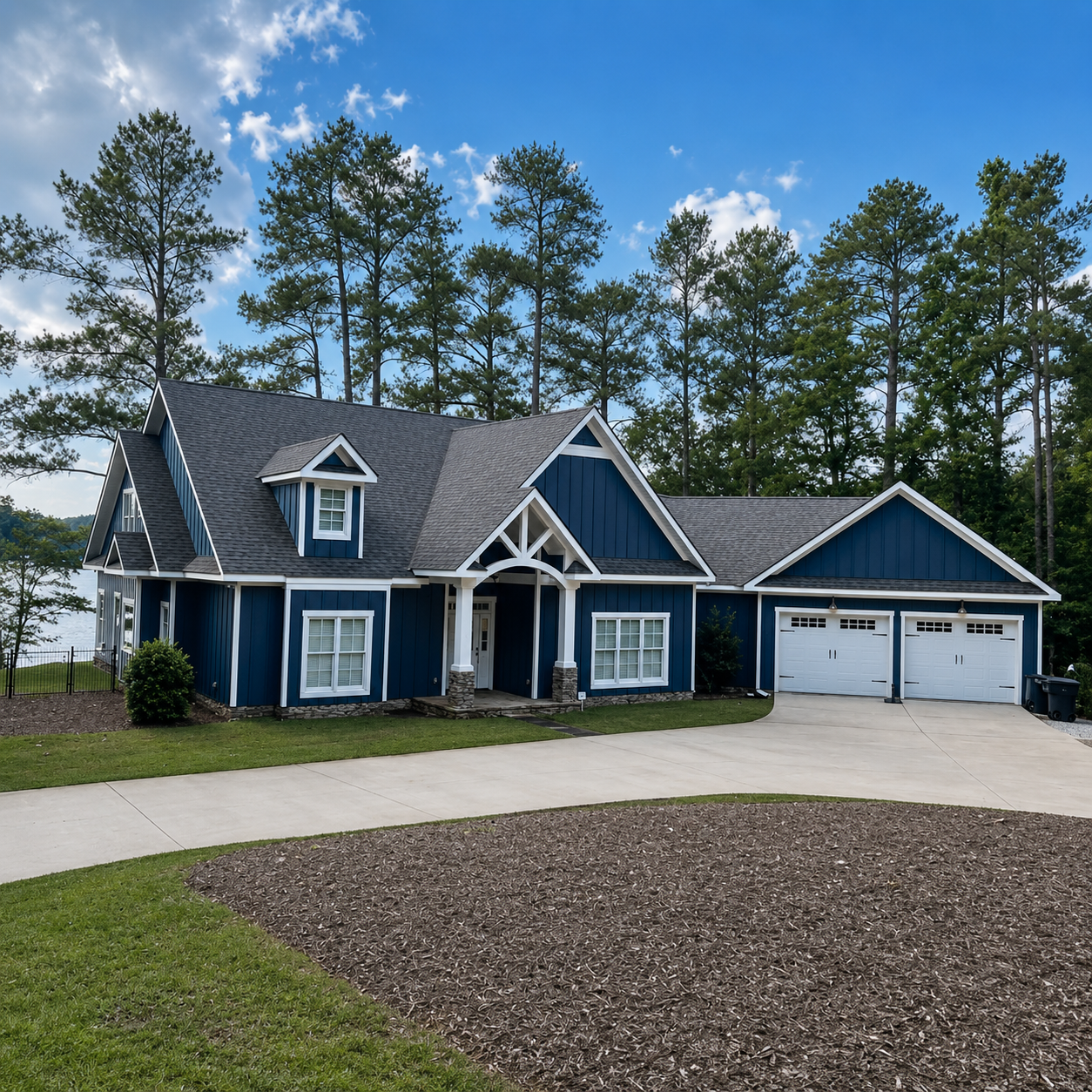 Large beige house with a stone driveway, green lawn, and trees under a blue sky.