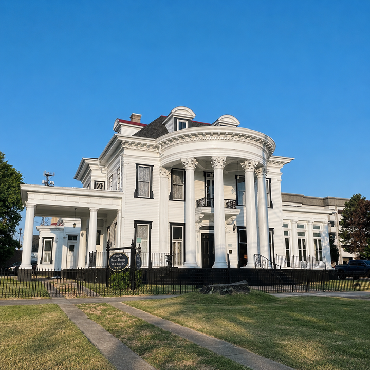 Large beige house with a stone driveway, green lawn, and trees under a blue sky.