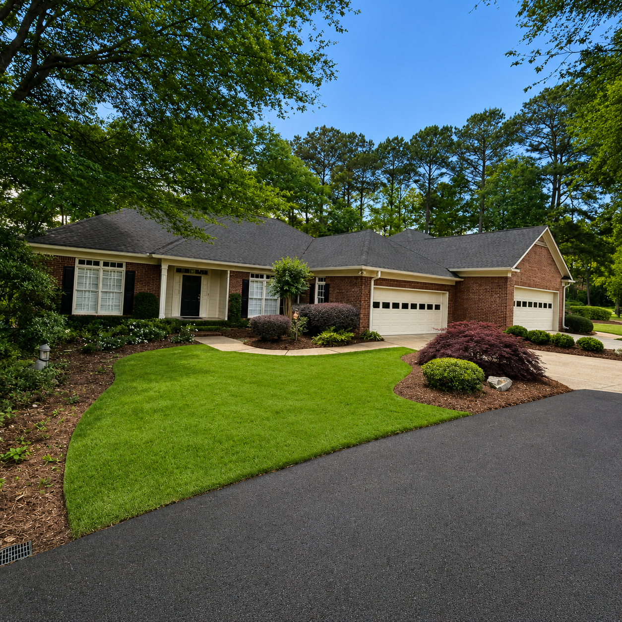 Large beige house with a stone driveway, green lawn, and trees under a blue sky.