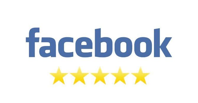 Facebook logo with five gold stars underneath on a white background