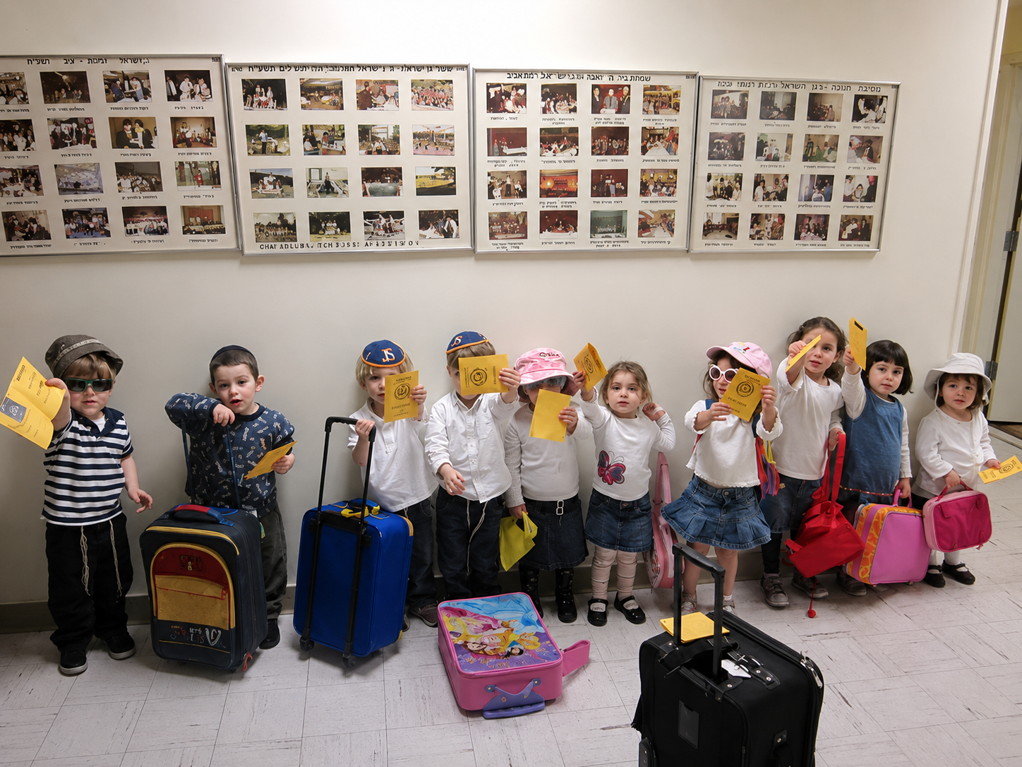 Children lined up in a classroom with colorful rolling suitcases, holding up cards and smiling
