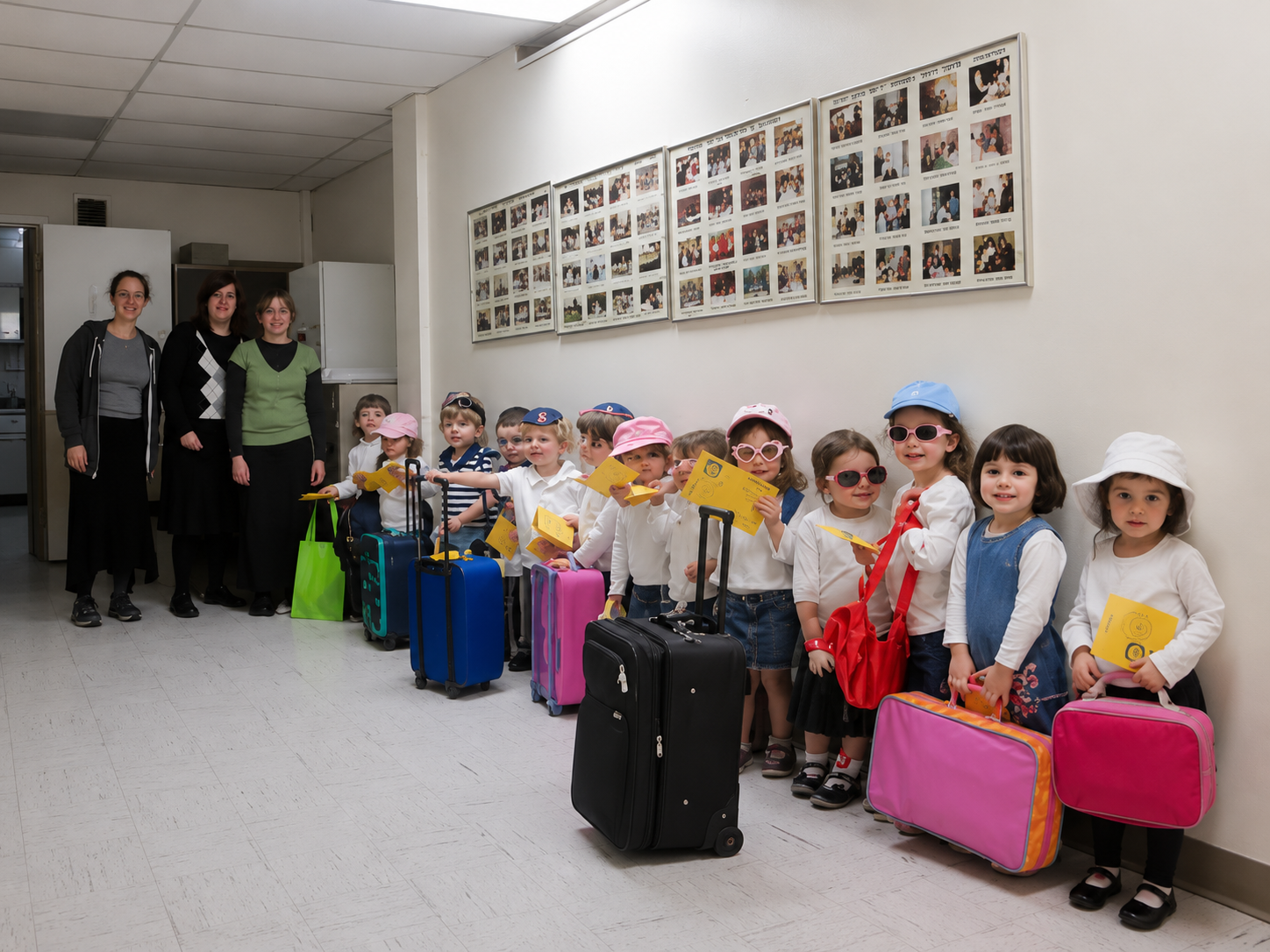 Children lined up in a hallway with colorful suitcases, standing beside two adults near a door.