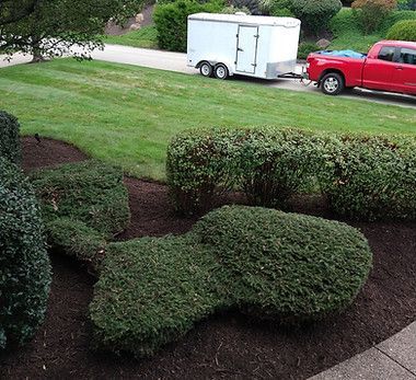 A red truck is parked in a yard next to a white trailer.