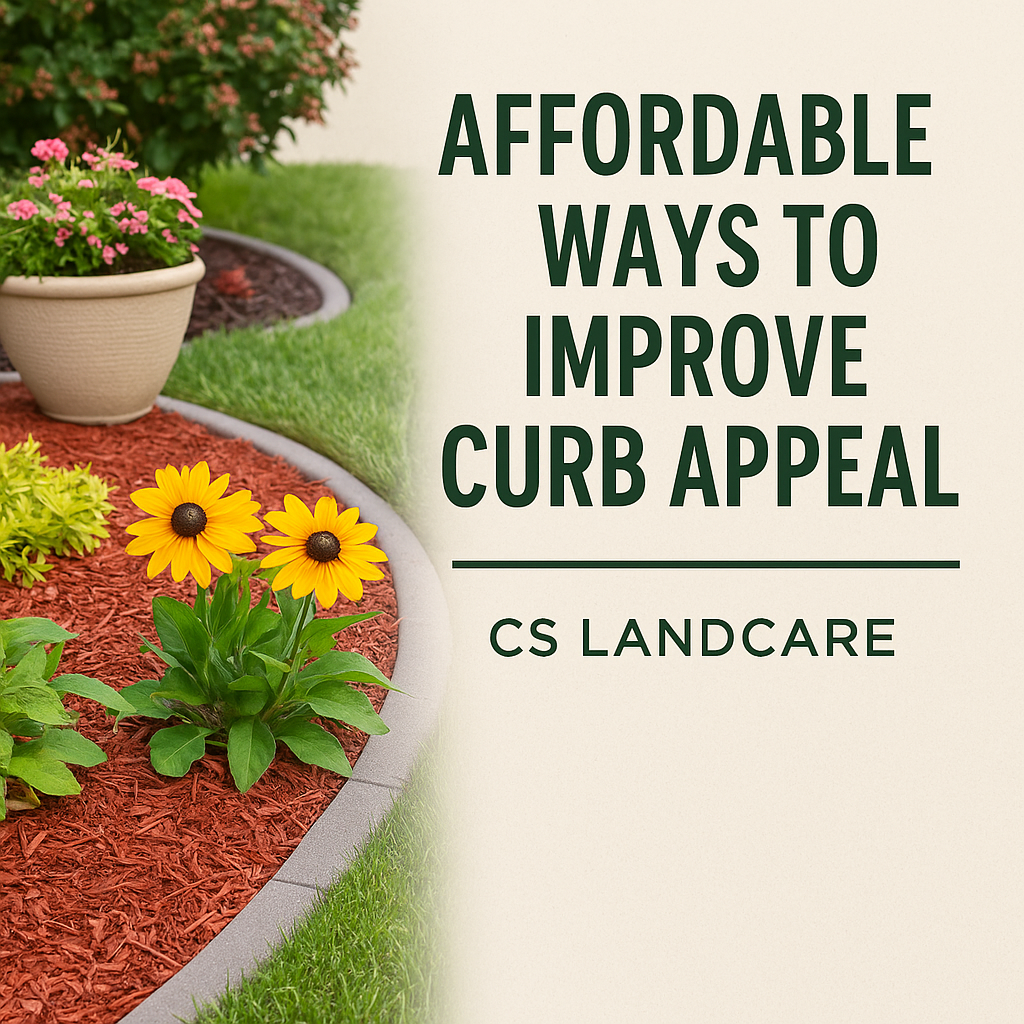 A lawn with flowers and mulch and the words `` affordable ways to improve curb appeal '' A lawn with flowers and mulch and the words `` affordable ways to improve curb appeal ''