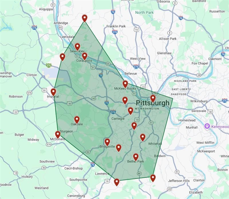 A map of pittsburgh , pennsylvania , with a green border and red markers.