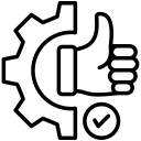 A thumbs up icon with a gear and a check mark.