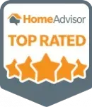 A home advisor top rated badge with five stars.