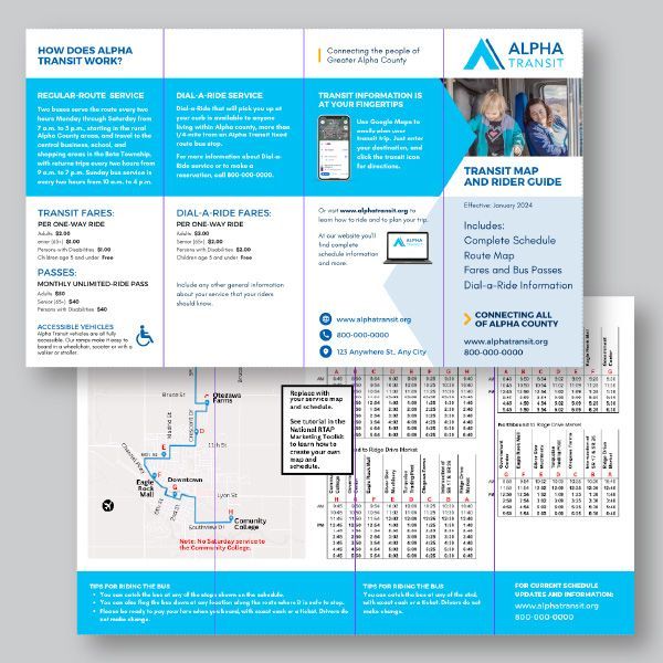 A blue and white brochure for alpha transit.