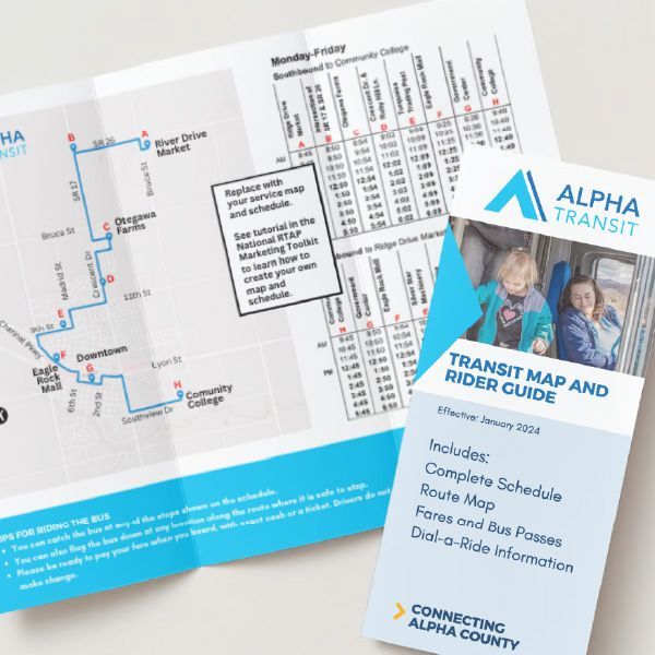 A brochure for alpha transit shows a map and rider guide.