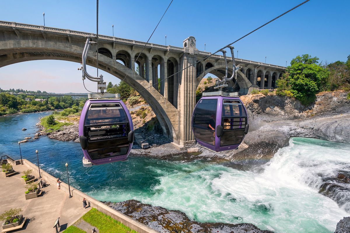 Gondolas over waterfall in Spokane, WA