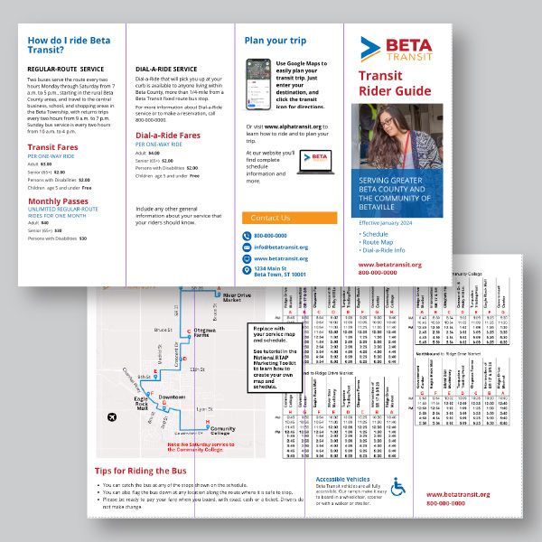 A brochure for the beta transit rider guide.