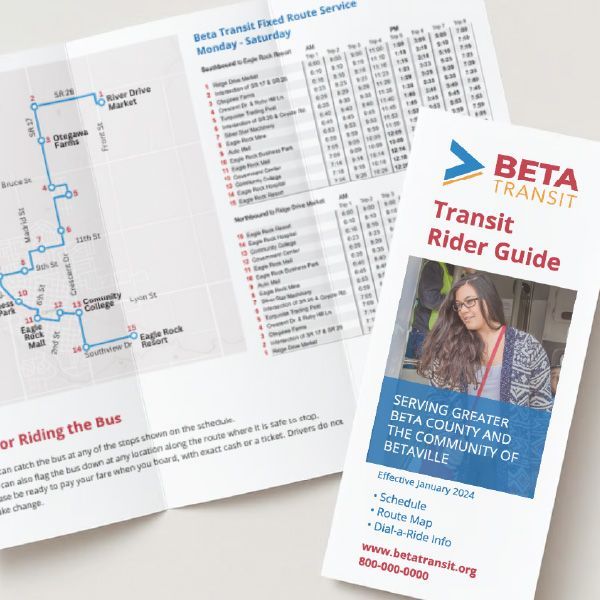 A beta transit rider guide with a picture of a woman.