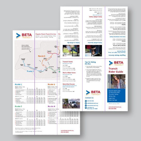 A brochure for the beta transit rider guide.