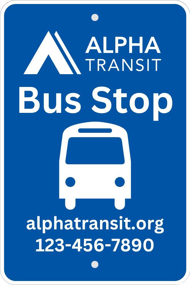 A blue sign that says alpha transit bus stop on it.