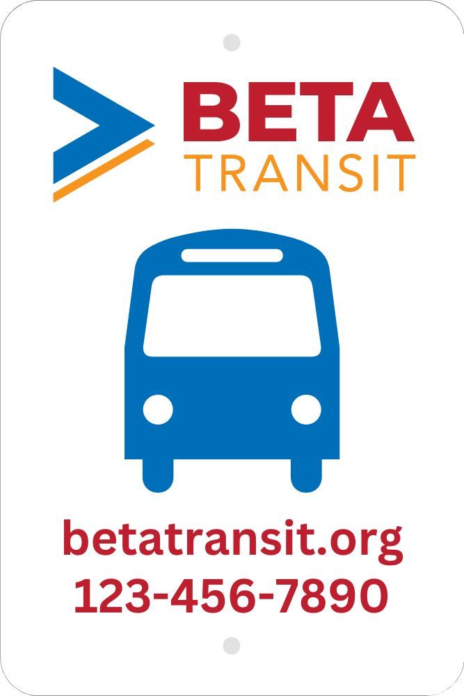 A beta transit sign with a blue bus on it.