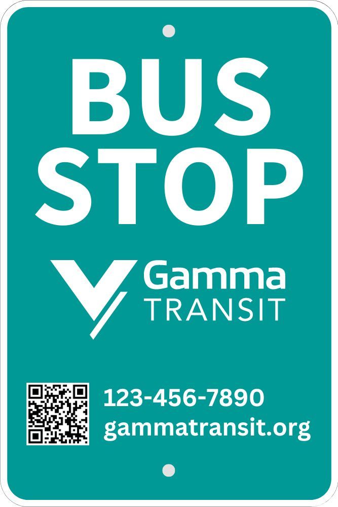 A blue sign that says bus stop gamma transit.