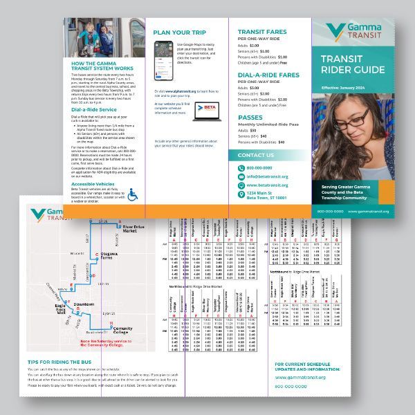 A brochure for a transit rider guide with a picture of a woman.