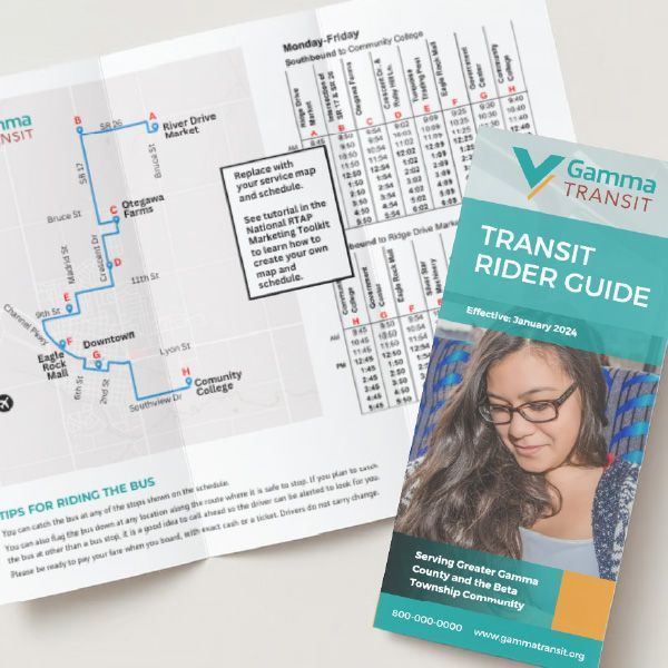 A gamma transit rider guide with a picture of a woman.