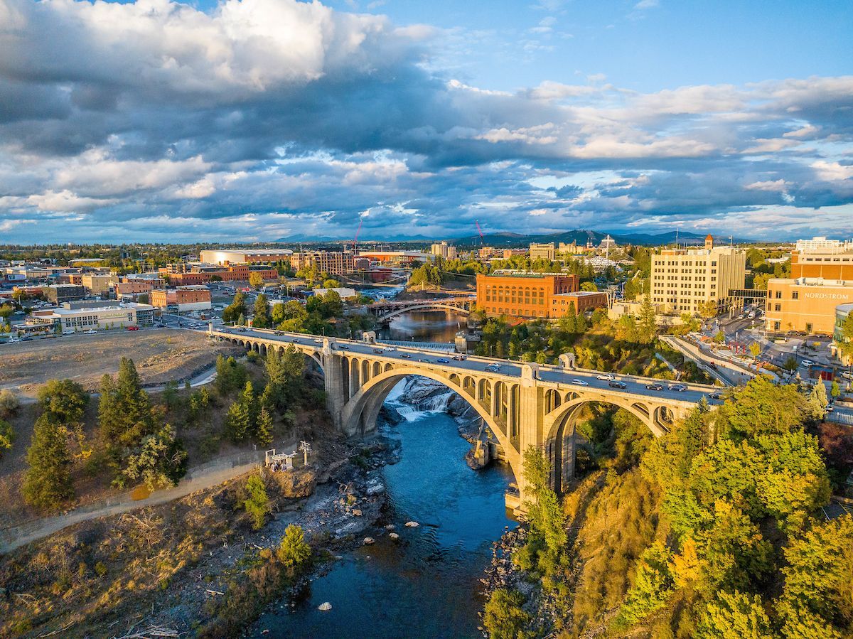 Spokane, WA aerial with bridge and waterfall