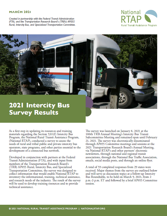 2021 Intercity Bus Survey Results cover: man at bus, green title, and National RTAP logo.