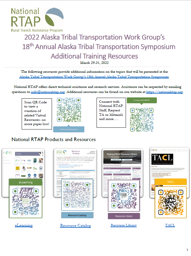 Poster for the 2022 Alaska Tribal Transportation Symposium. Includes resources with QR codes to training info.