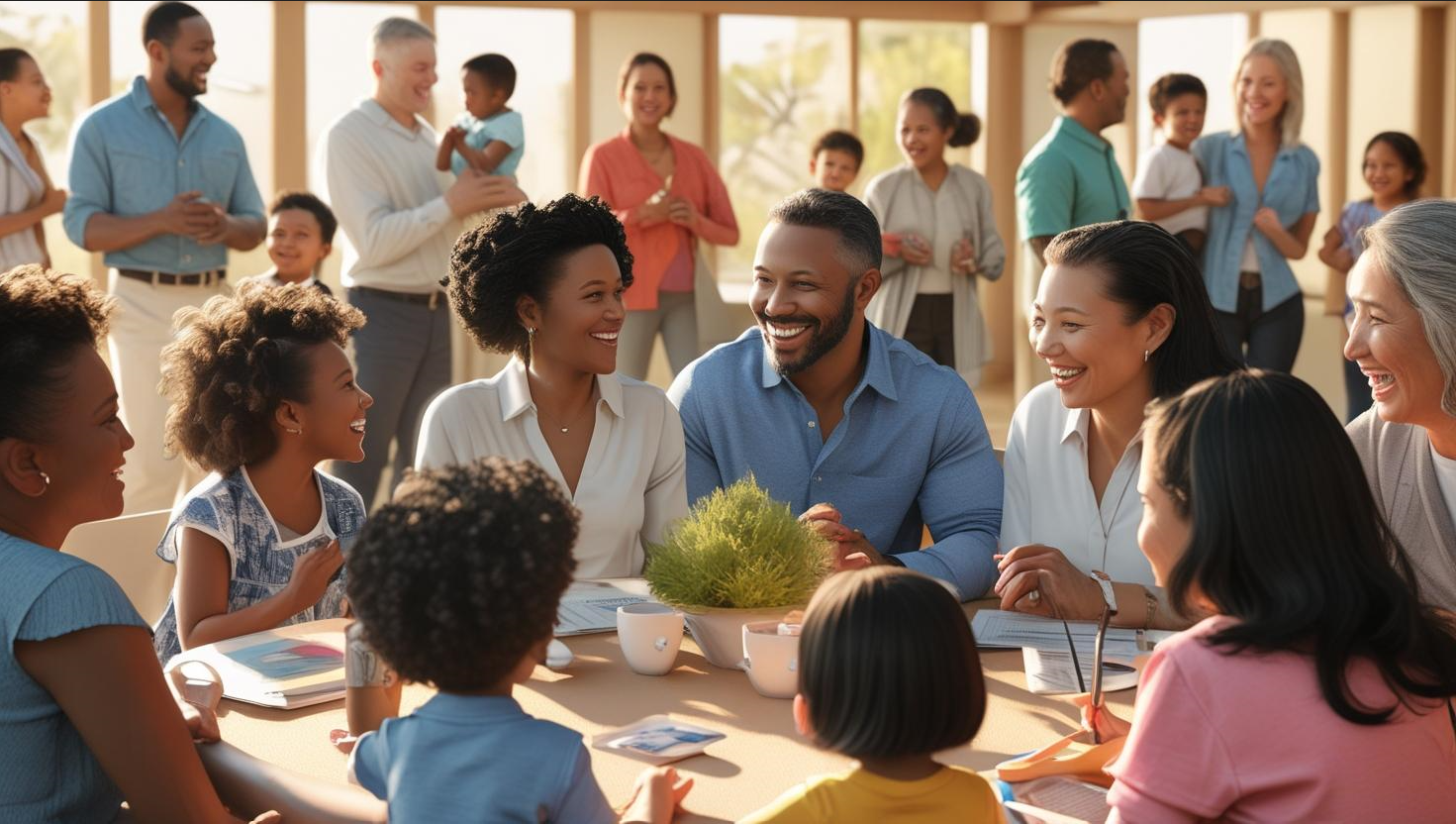 People around a table talking