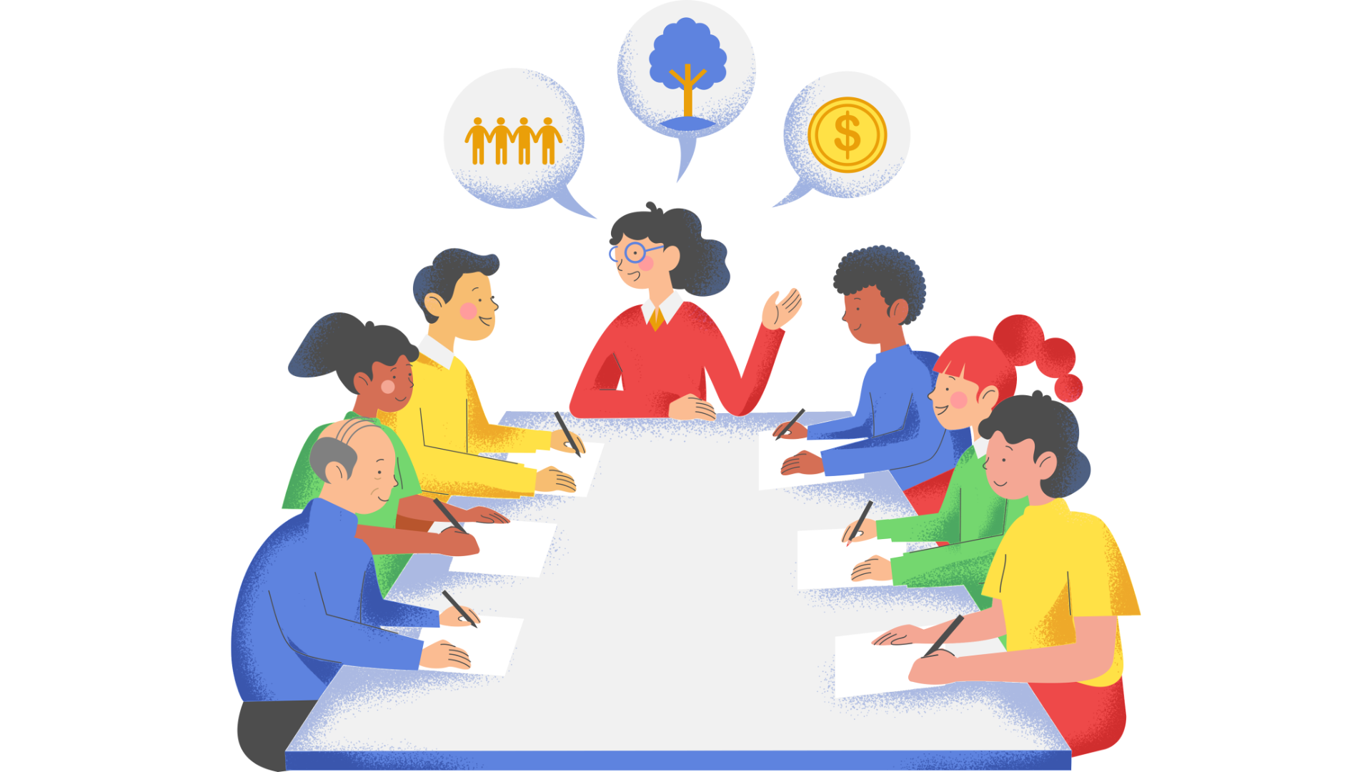 Mobility Managers sitting around a table and writing while one has thought bubbles with people and money above her head
