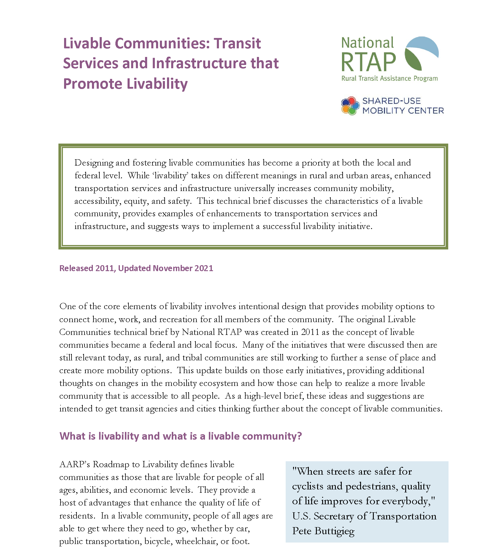 Title page for a document on livable communities with transit services, logo, and text.