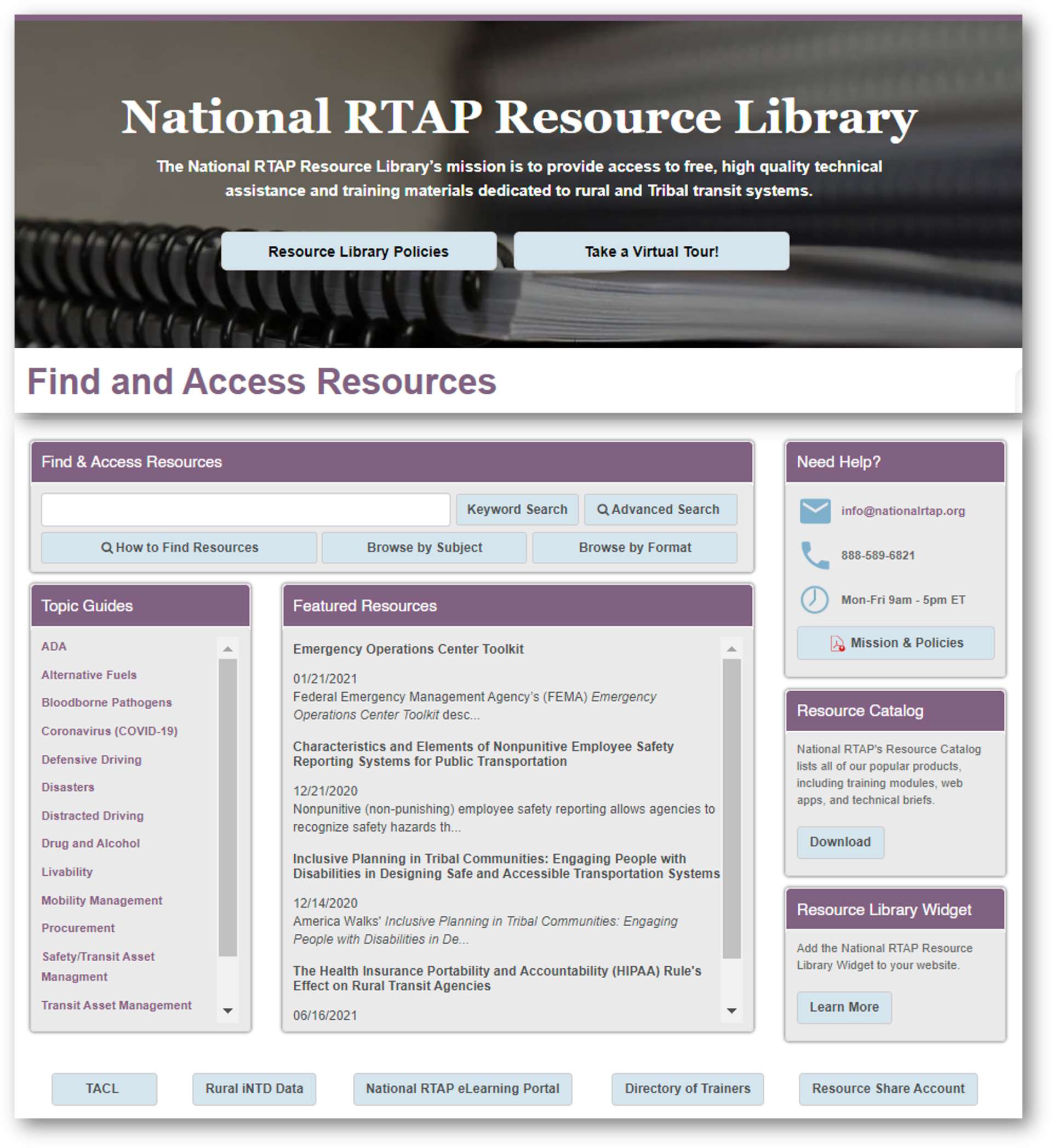 National RTAP Resource Library webpage, resources for rural & tribal transit systems.