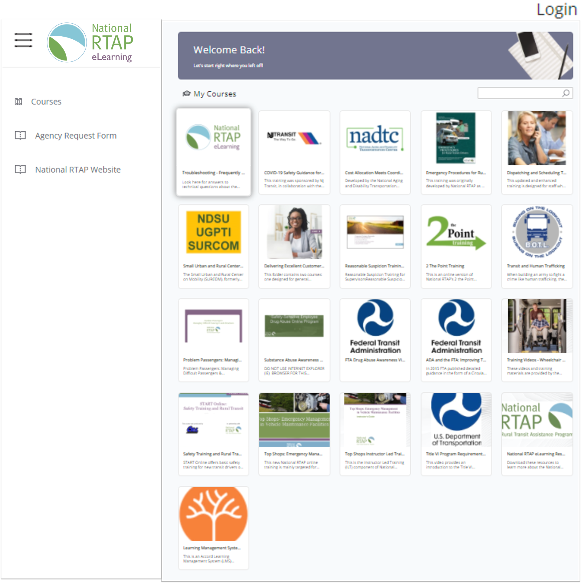 National RTAP eLearning website homepage, with course tiles, a search bar, and a menu.