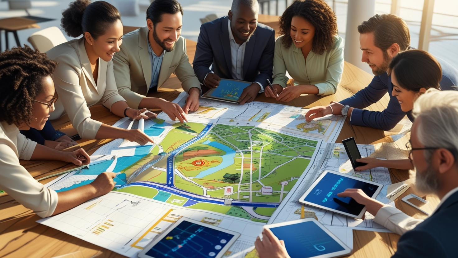 People sitting around a table pointing to a map