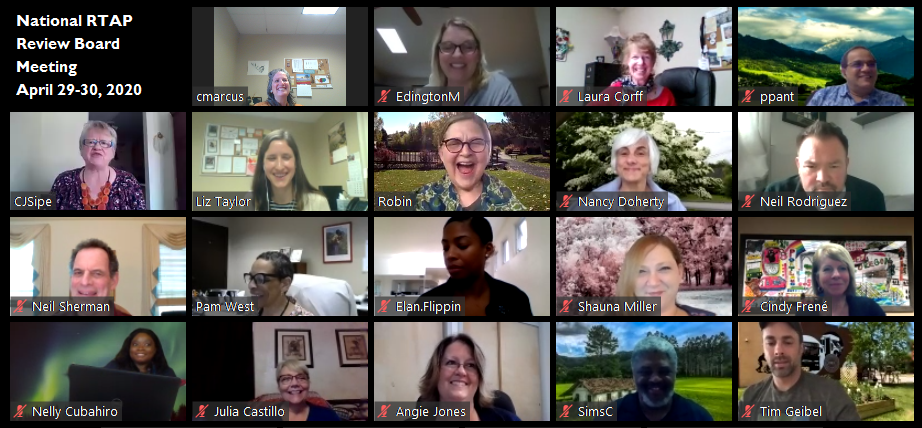 Virtual meeting with twenty participants. People are smiling and appear to be engaged in conversation. The screen includes names.