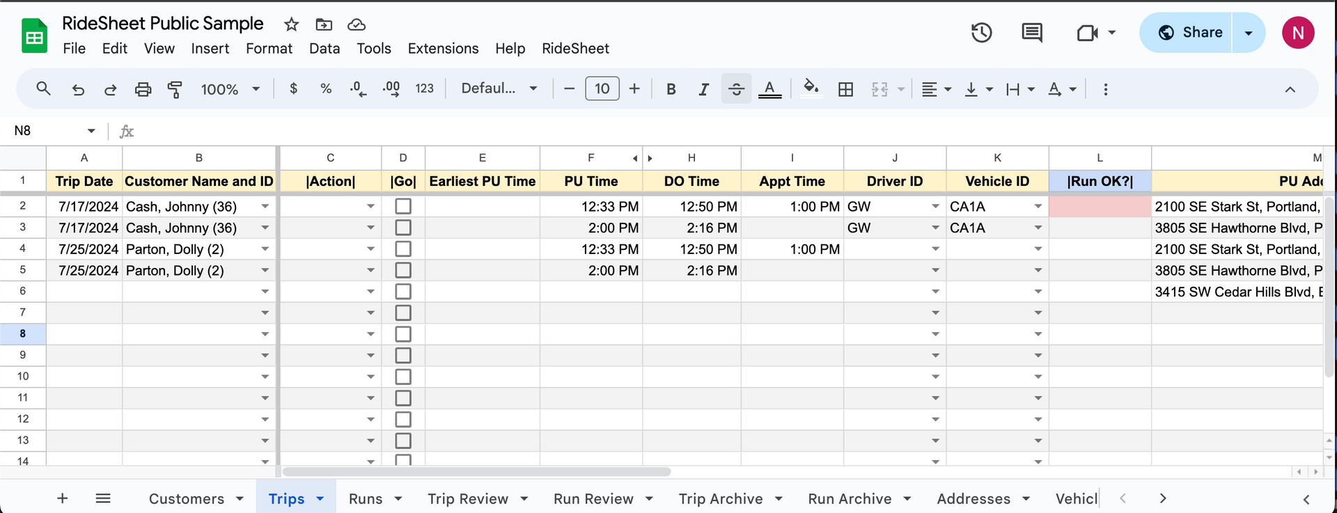 Figure 1: Sample RideSheet Screenshot