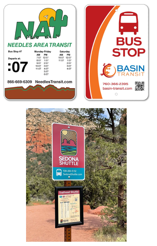 NAT, Basin Transit, and Sedona Shuttle bus stop signs.