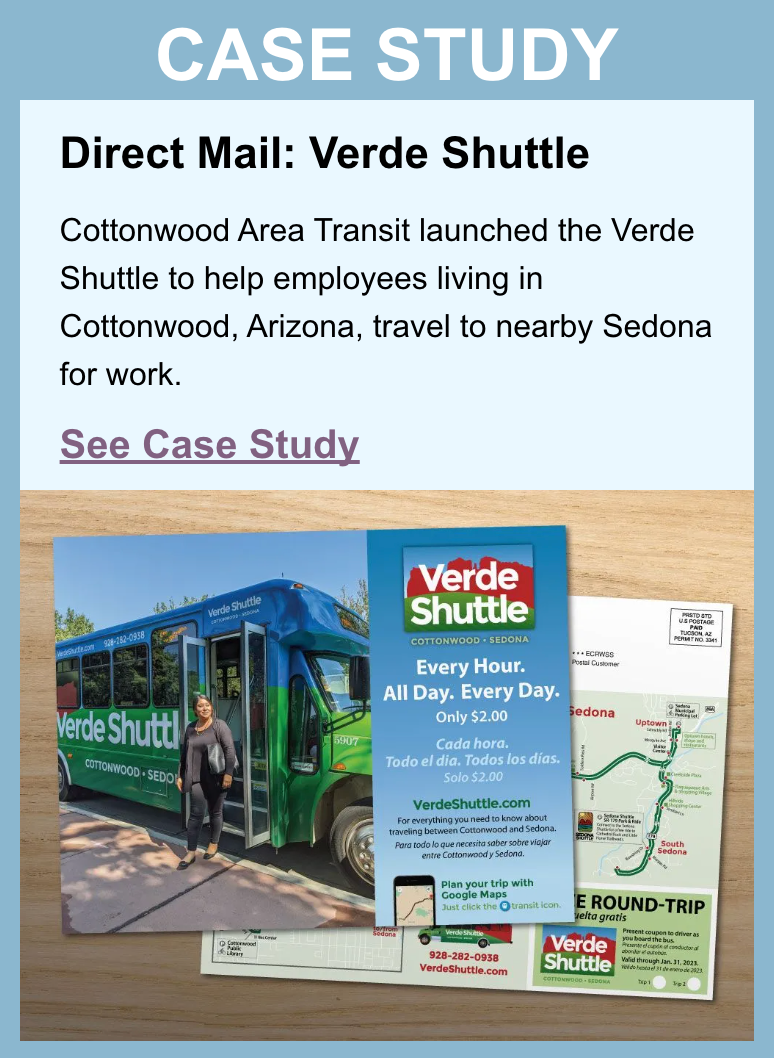 Verde Shuttle mail print displaying bus image and blue/white background.