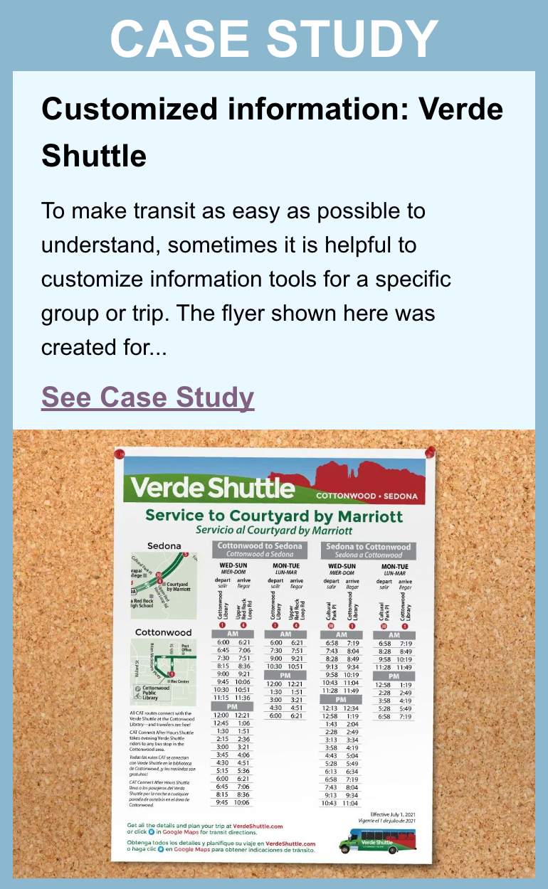 Verde Shuttle flyer displaying bus route and times.