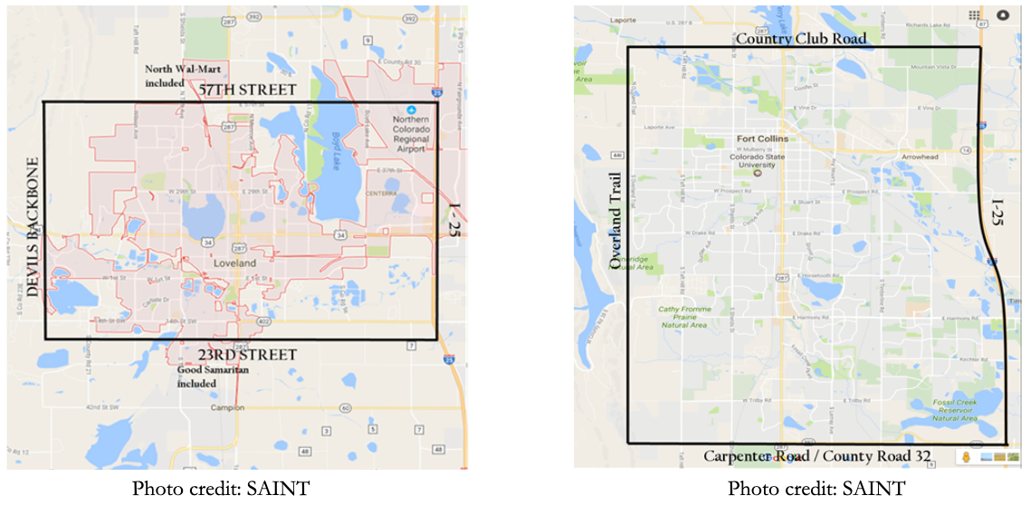 Two maps showing urban areas, with black boxes highlighting specific districts, including street names.