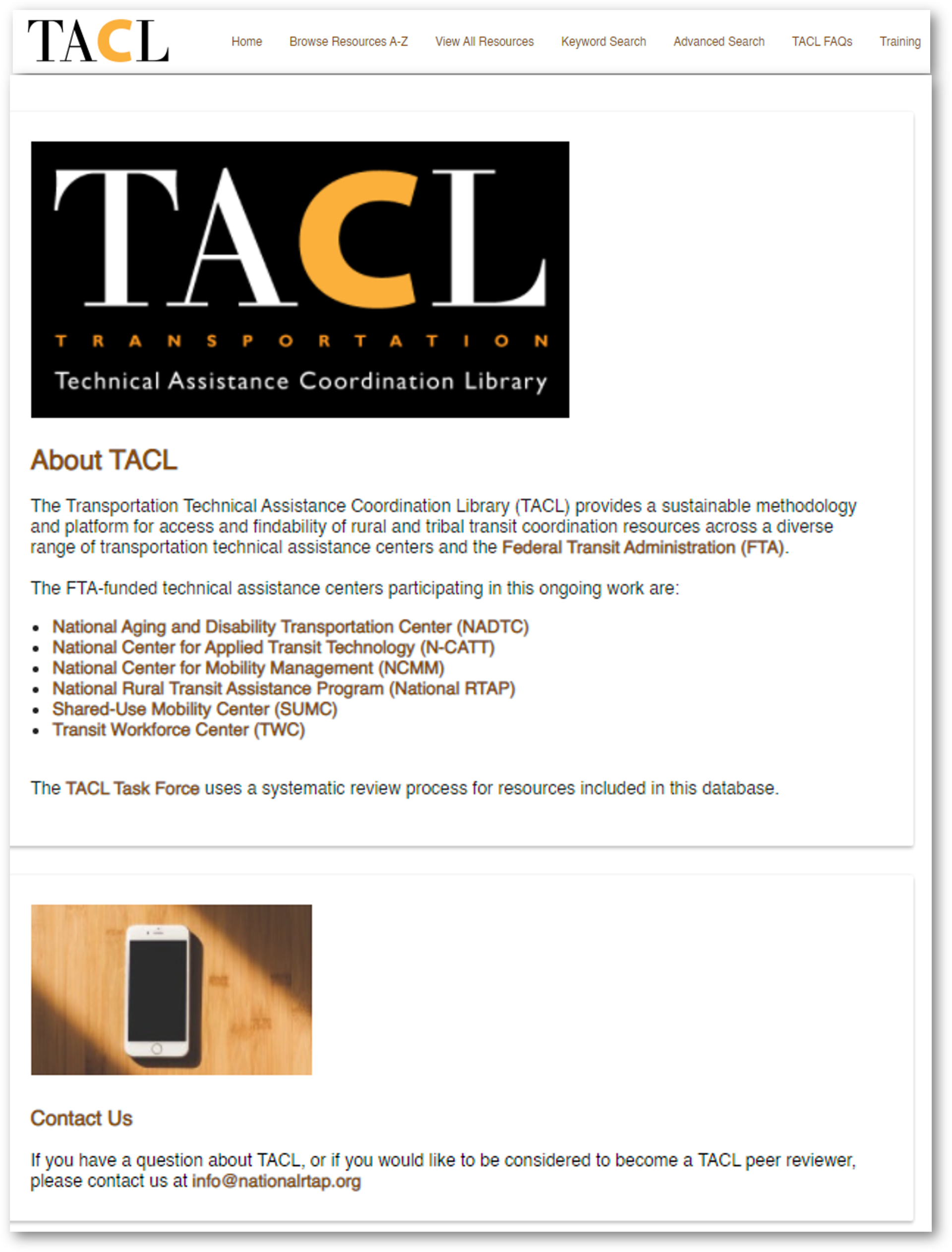 TACL website: Logo, text about the Transportation Technical Assistance Coordination Library, and a phone on wood.