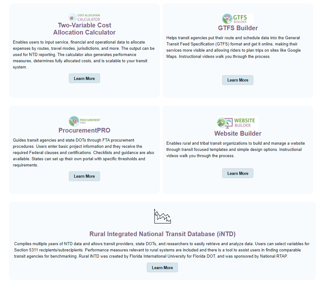 Screenshot of a website featuring four tool buttons and a database link related to rural transit.