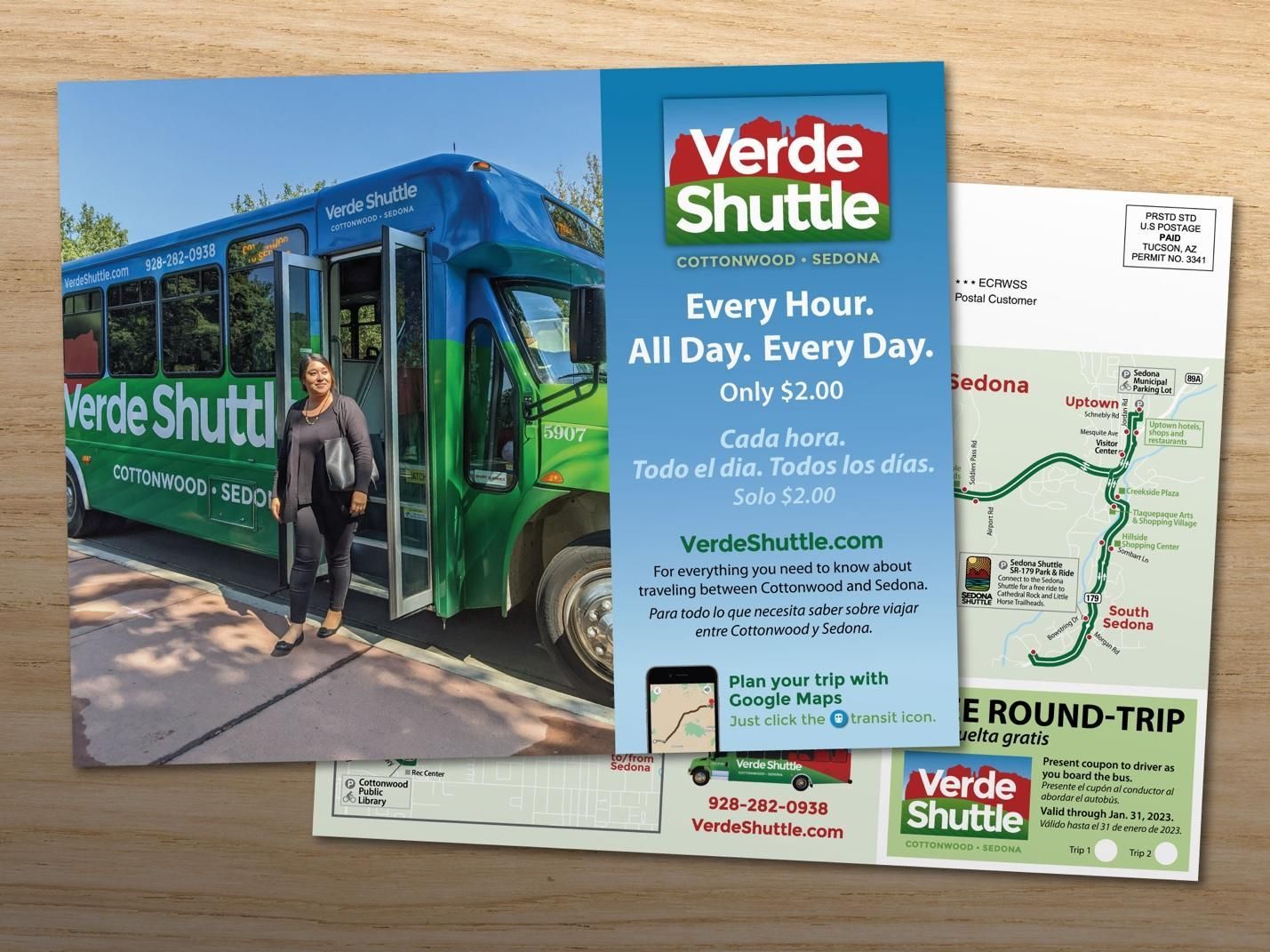 An advertisement for verde shuttle shows a man getting off a bus.