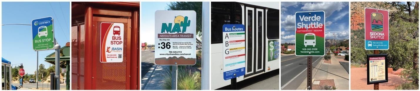 A collage of pictures of different bus stop signs.