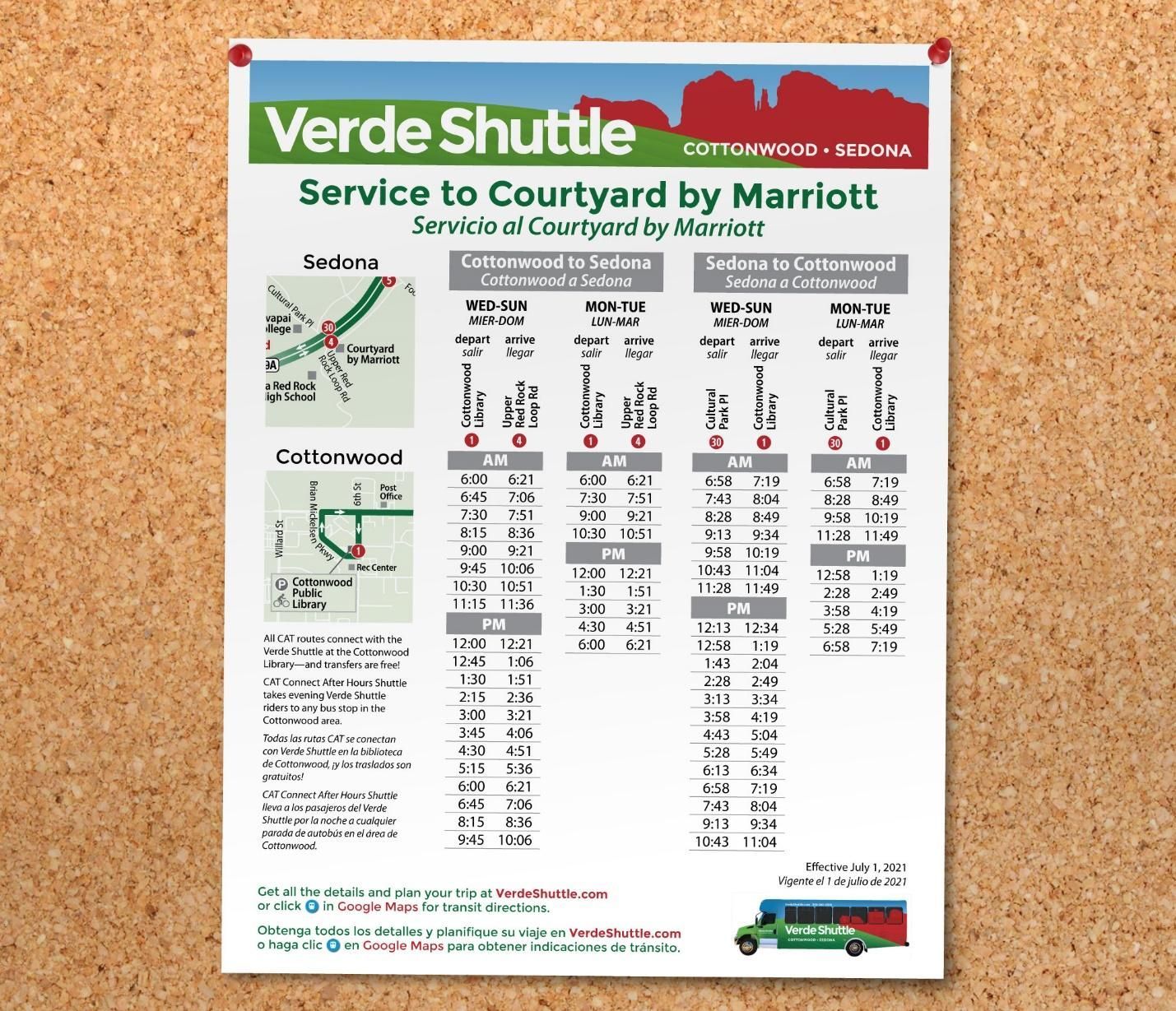 A poster for verde shuttle service to courtyard by marriott with routes and times.