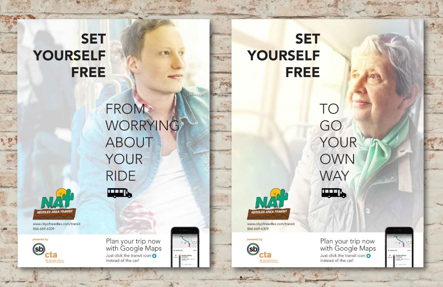 Two posters on a brick wall that say set yourself free with a man and an elderly woman.